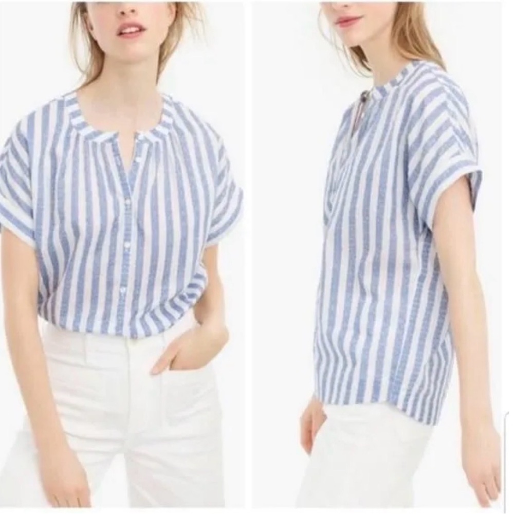 J Crew Point Sur Popover Top Short Sleeve Peach White Stripes Size Medium